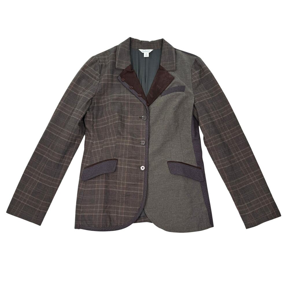 Sundance Mixed Plaid Blazer Faux Suede Trim Cotton Jacket Women’s M Heritage
